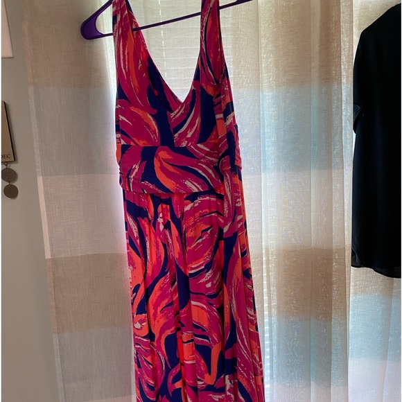 Lilly Pulitzer Dresses & Skirts - Lilly Pulitzer dress asymmetrical midi length, neon pink, orange, blue flamingos